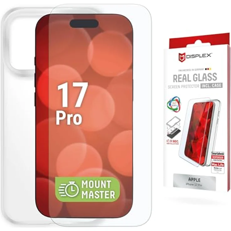Displex Real Glass Panzerglas Displayschutz + Case für Apple iPhone 17 Pro, 10H gehärtetes Glas, kratzfest, blasenfrei, transparent, ultra-dünn – Bild 1