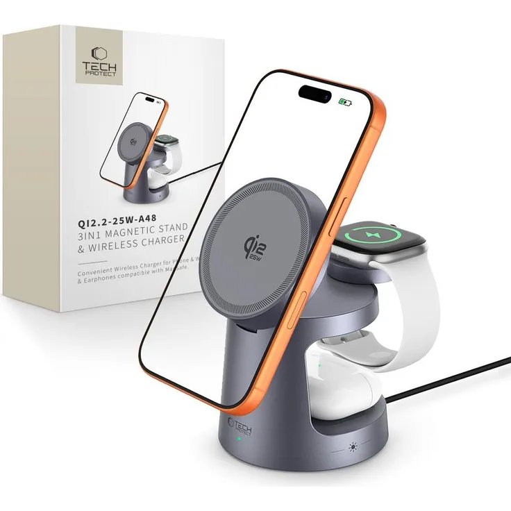 Tech-Protect QI2.2-25W-A48, 3 in 1 Magnetische Ladestation für Smartphone, Smartwatch und Kopfhörer, Aluminium Design