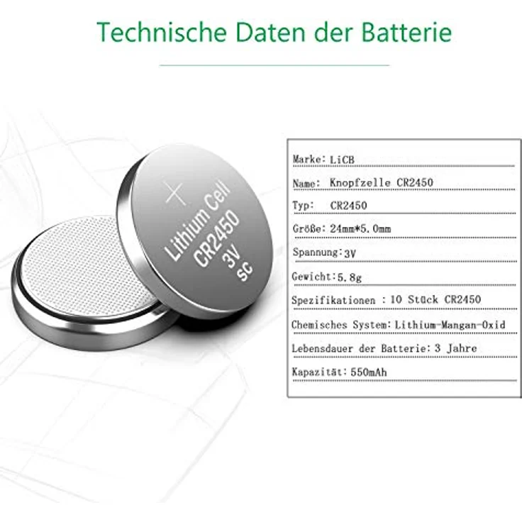 LiCB CR2450 3V Lithium Knopfzellen, 10 Stück, hohe Zellenspannung, lange Lagerfähigkeit, 100% frisch – Bild 2