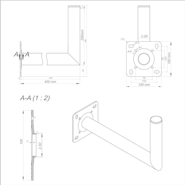 SkyRevolt 45cm Wandhalterung für Satellitenschüssel, Aluminium, witterungsbeständig, Wandabstand 450mm, Rohrdurchmesser 50mm – Bild 5