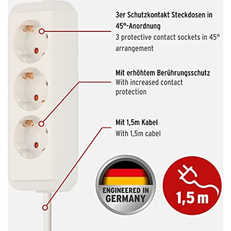 Brennenstuhl Eco-Line, Steckdosenleiste 3-fach (Steckerleiste mit erhöhtem Berührungsschutz und 1,5m Kabel) weiß – Bild 2