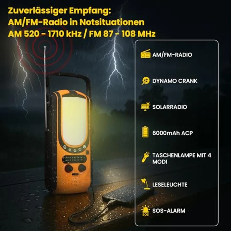 Extralink Power Ranger EPS-6000 Powerbank 6000 mAh UKW-Radio LED-Licht Handkurbel Solarpanel Notbeleuchtung und SOS-Alarmsystem, Schwarz/Gelb – Bild 2