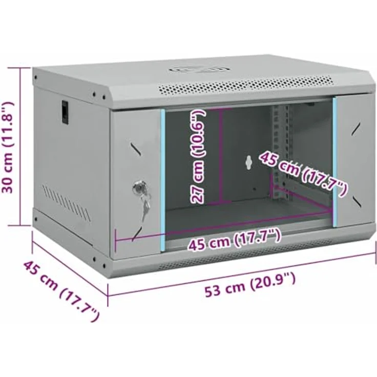 vidaXL Netzwerkschrank mit Speicher, Grau, 53 x 45 x 30 cm, aus Stahl und Einscheibensicherheitsglas, für Büros und Wohnräume – Bild 2