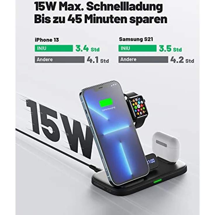 INIU 3 in 1 Wireless Charger Station, 15W Induktive LadestationSchnelles Kabelloses Ladegerät Handy Phone Stand für iPhone 14 13 12 11 Pro Max/Mini/XS/XR/X/SE, für iWatch 8/7/6/SE/5/4/AirPods 2/3/Pro – Bild 2