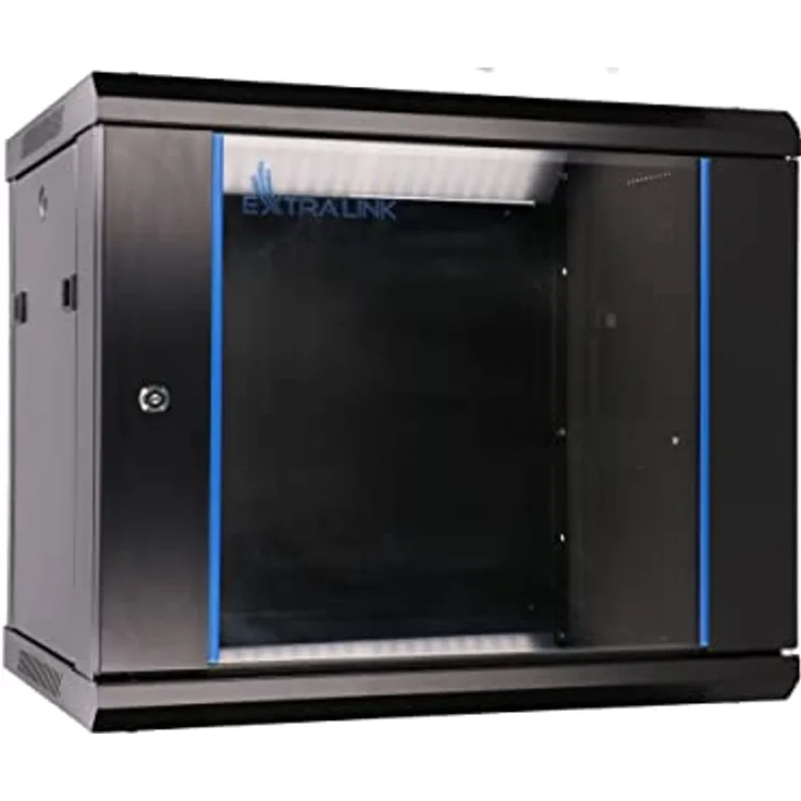 Extralink EX.3968 Rack 9U, Wandmontiertes Serverschrank-Regal (19 Zoll, schwarz), mit gehärteter Glasfront und Kühlungsoptionen
