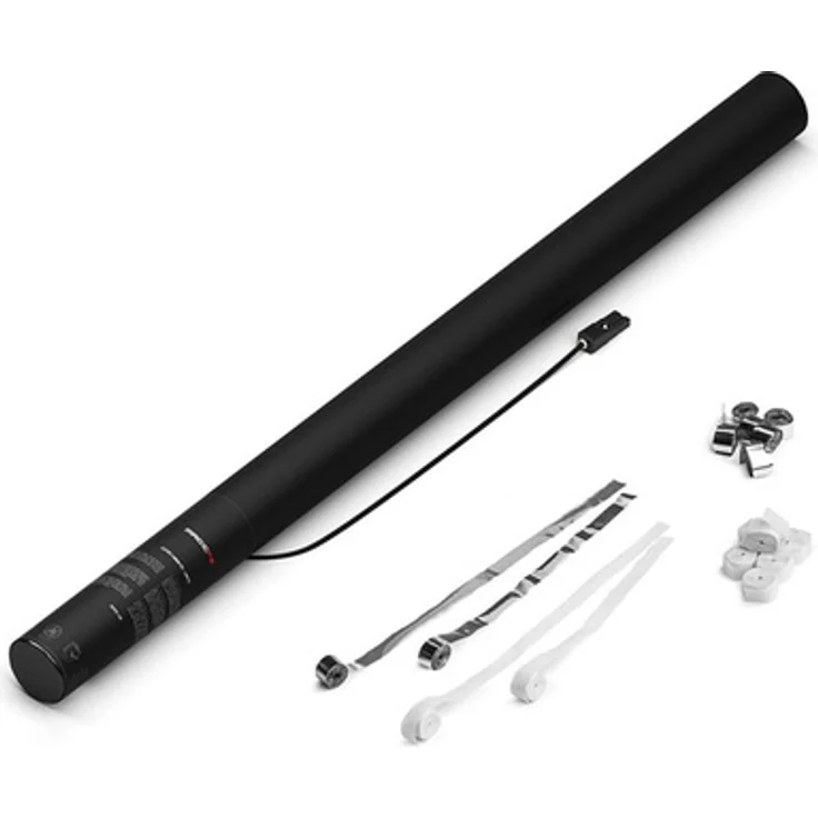 Magic FX E Cannon 80 cm, elektrische Konfetti Kanone mit weißen und silbernen Luftschlangen, TÜV-zertifiziert – Bild 1