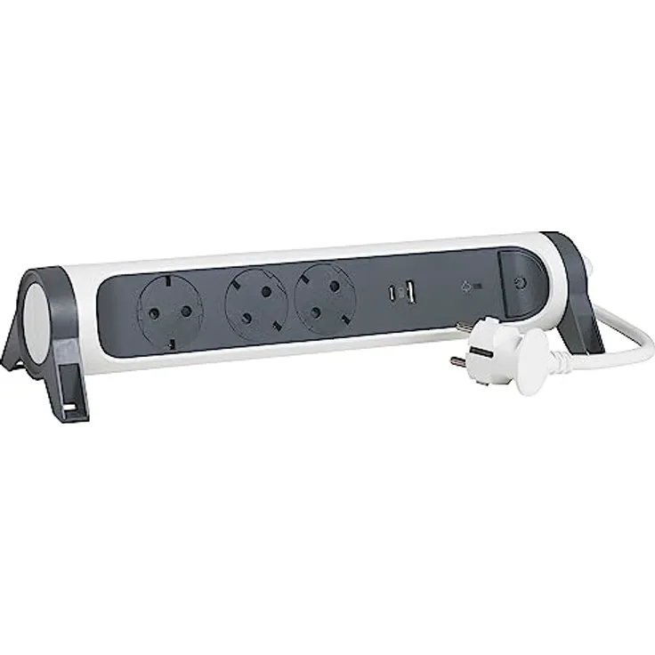 Legrand, Drehbare Steckdosenleiste, 3-fach Steckdose, Mehrfachsteckdose, USB-A- und USB-C-Anschluss, integrierter Überspannungsschutz mit Statusanzeige (SPD), 1,5m Kabel, Ultraweiß/Dunkelgrau, 694508