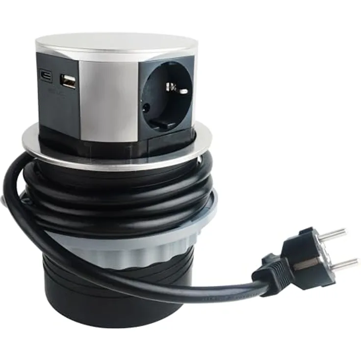 ChiliTec Versenkbare Einbausteckdose 3X Steckdose USB-A USB-C Edelstahl Front Mehrfachsteckdose mit 150cm Kabel 230V für Küche, Schreibtisch, Arbeitsplatten