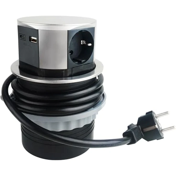 ChiliTec Versenkbare Einbausteckdose 3X Steckdose USB-A USB-C Edelstahl Front Mehrfachsteckdose mit 150cm Kabel 230V für Küche, Schreibtisch, Arbeitsplatten – Bild 1