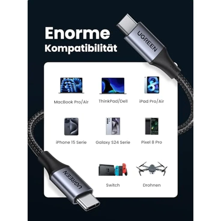 Ugreen USB-C zu USB-C Ladekabel, Power Delivery 240W 5A, 2m, Grau (Modell: 90440 US535) – Bild 5