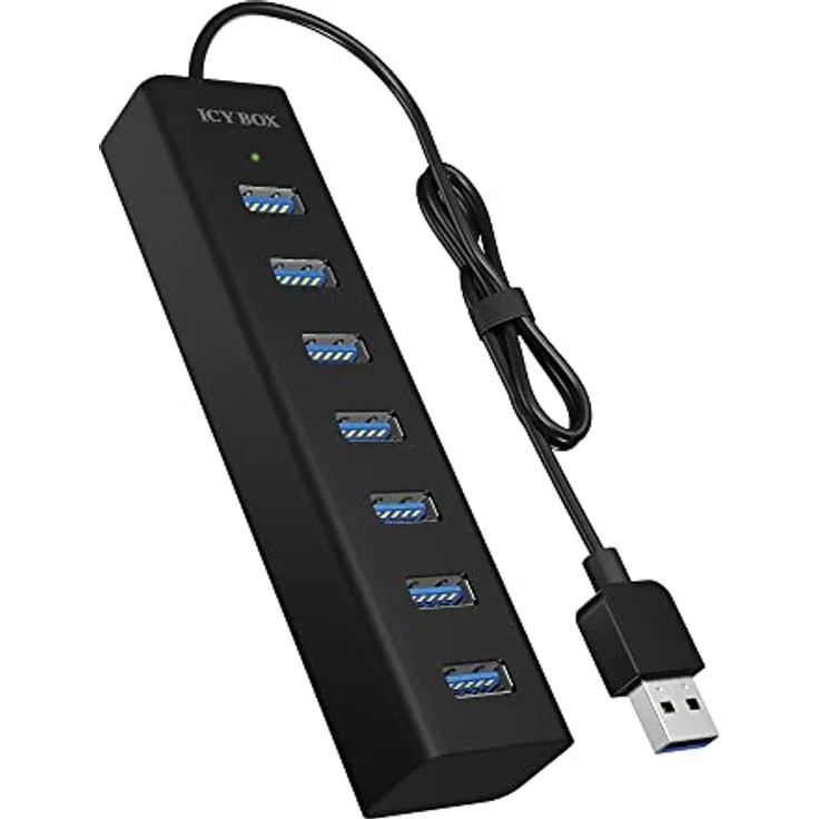 ICY BOX 7-Port USB-Hub USB 3.0 (Type-A) mit Netzteil, Ladefunktion, Aluminium, Schwarz