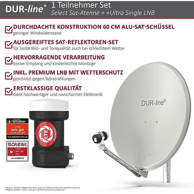 DUR-line Select 60/65 cm Sat Anlage 1 Teilnehmer Komplett Set hellgrau – Bild 3