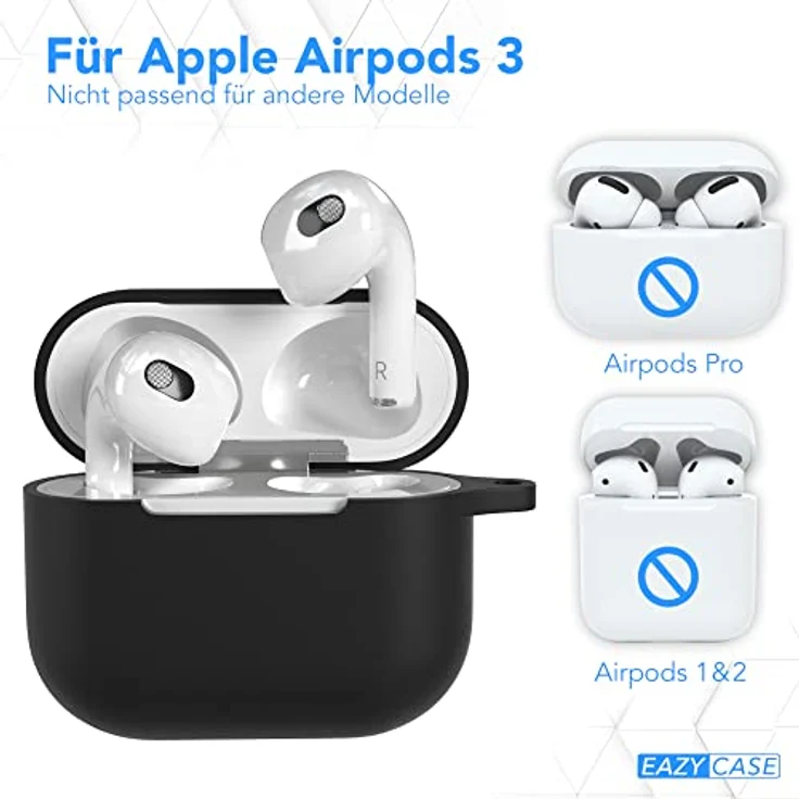 EAZY CASE Silikon Schutzhülle für AirPods 3 Schwarz Stoßfest mit Karabiner - Antikratz Etui, rutschfeste Hülle, wireless charging-fähig – Bild 2