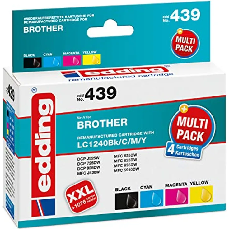 edding Druckerpatrone EDD-439 - Multipack 4 - Schwarz, Cyan, Magenta, Gelb - 1x 16 ml + 3x 8 ml - Reichweite 1x 740 3x 885 Seiten - Ersetzt Brother LC1240BK/C/M/Y