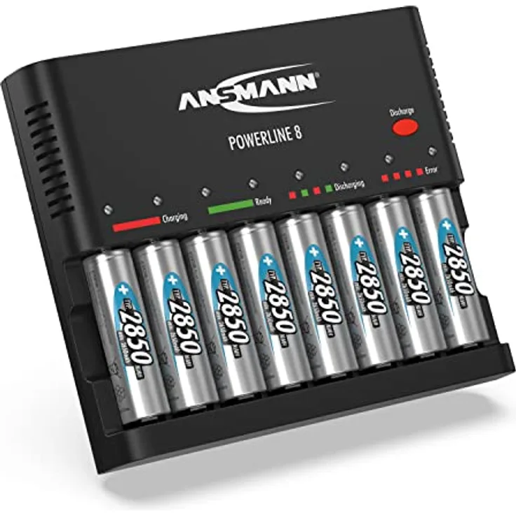 ANSMANN Powerline 8 Ladegerät für AAA und AA Akkus – Schnellladen mit intelligentem Überwachungssystem, Verpolschutz und mehrfarbiger Statusanzeige