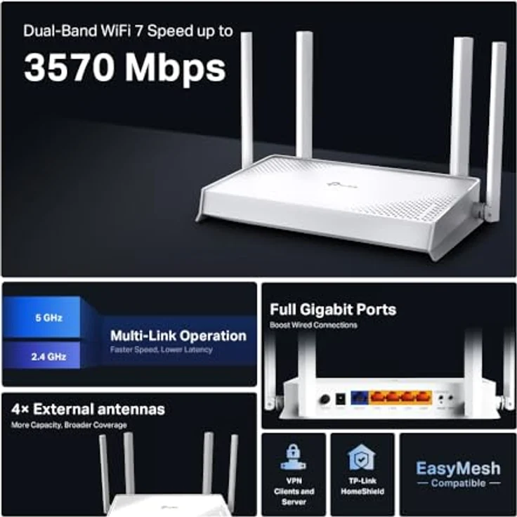 TP-Link Archer BE220W, Dual-Band Wi-Fi 7 Router mit 688 Mbps (2,4 GHz) und 2882 Mbps (5 GHz), Quad-Core-Prozessor, WPA3-Sicherheit und EasyMesh-Unterstützung – Bild 4