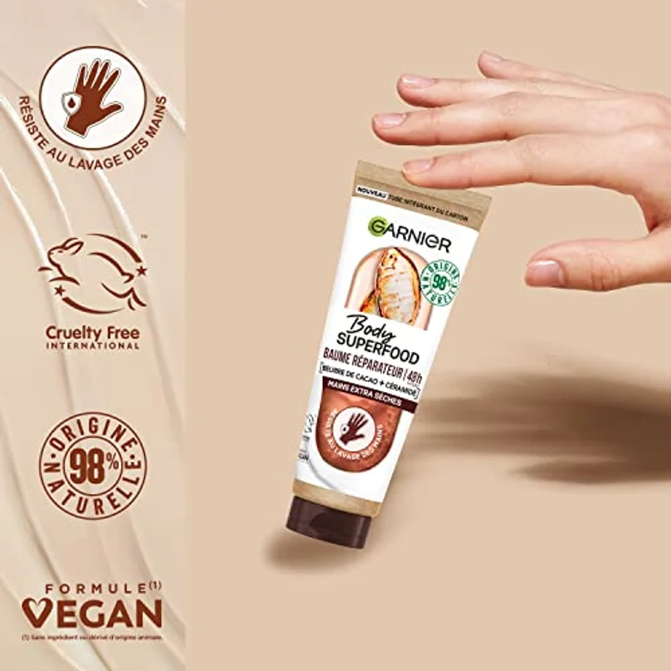 Garnier Body Superfood Handcreme - 48h Feuchtigkeit, Kakaobutter & Ceramid, 98% natürlichen Ursprungs, Vegan & Cruelty Free - für extra trockene Hände, 75 ml – Bild 4