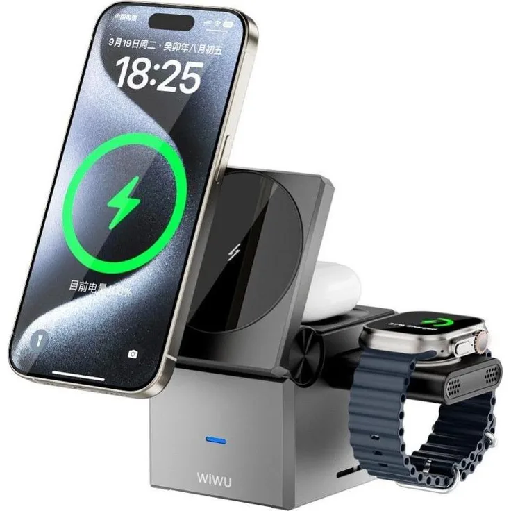 Wiwu Wi-W030, Faltbares 3in1 Wireless Charger mit 15W Leistung für Smartphone, Smartwatch und TWS-Kopfhörer, Aluminiumlegierung