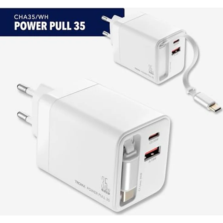 TROIKA Power Pull 35, Ladestecker mit Schnellladetechnologie, USB-C und USB-A Anschluss, ausziehbares 70 cm USB-C Kabel, weiß – Bild 2