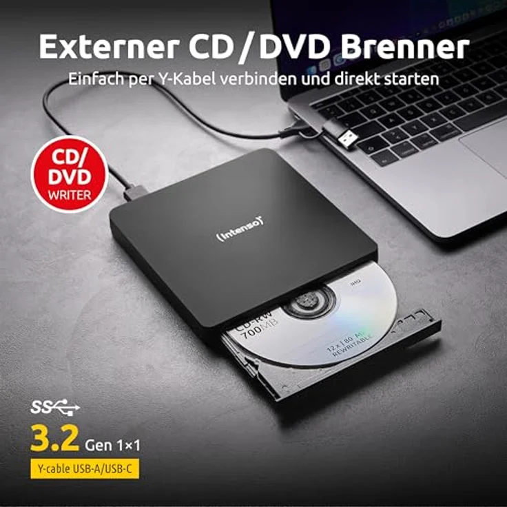 Intenso EOD 400D Slim, externes CD/DVD Laufwerk mit USB 3.2, für Laptop, Desktop PC, iMac, MacBook, Schwarz, inkl. Ashampoo Burning Studio – Bild 2