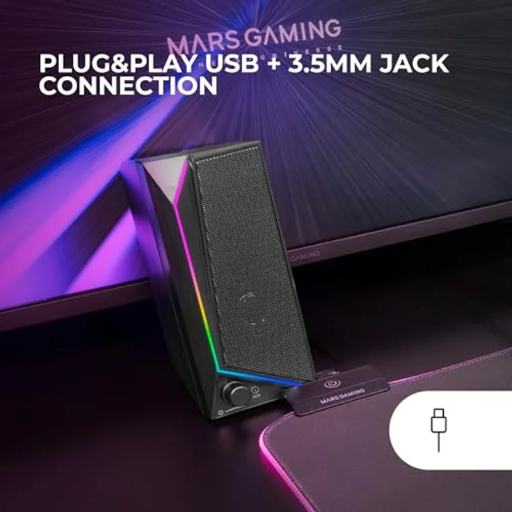 Mars Gaming MS72, Gaming-Lautsprecher 15W mit RGB Flow Beleuchtung, 2 Aktive Treiber, DSP-Chipsatz, Plug&Play USB- und 3,5mm-Klinkenanschluss, Lautstärkeregler, Schwarz – Bild 4