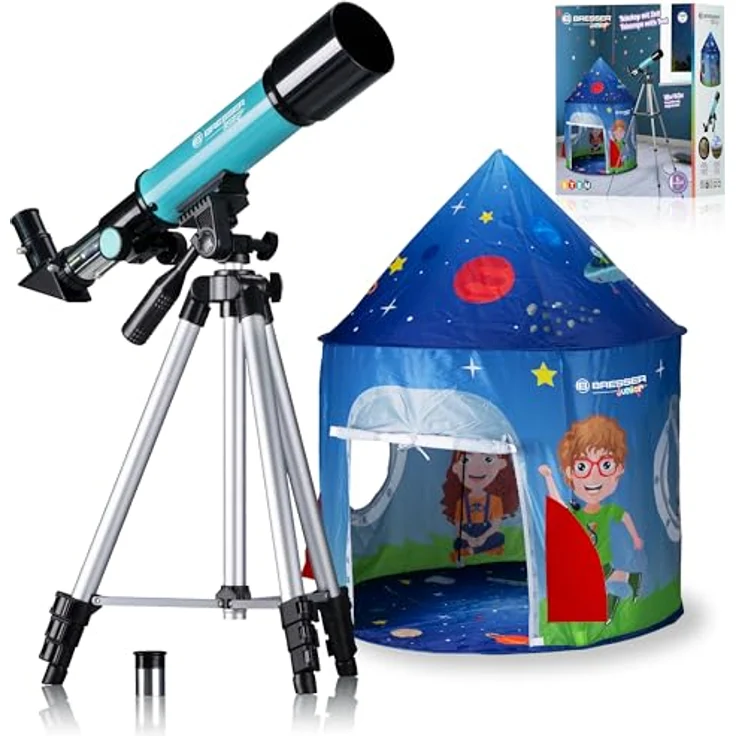 Bresser Junior Linsenteleskop 50/360 für Kinder - Astronomie Einsteigerset mit Zelt, Refraktor Teleskop, Stativ, Azimutale Montierung, Okulare und Zenitspiegel, blau – Bild 1