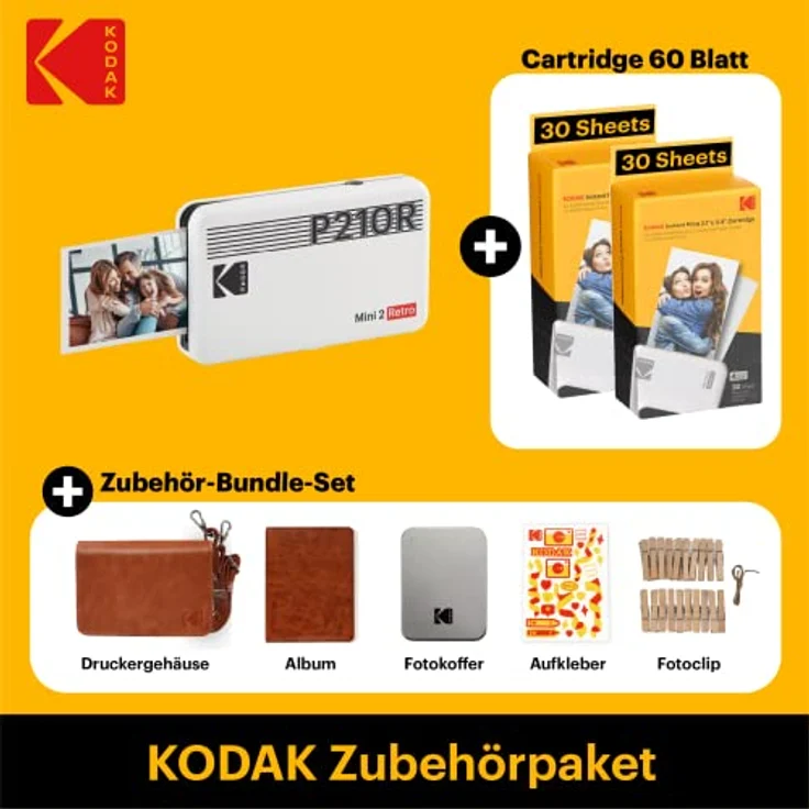 KODAK Mini 2 Retro 4PASS Mobiler Fotodrucker (5,3x8,6cm) - Gift Paket met 68 Blatts, Weiß – Bild 2