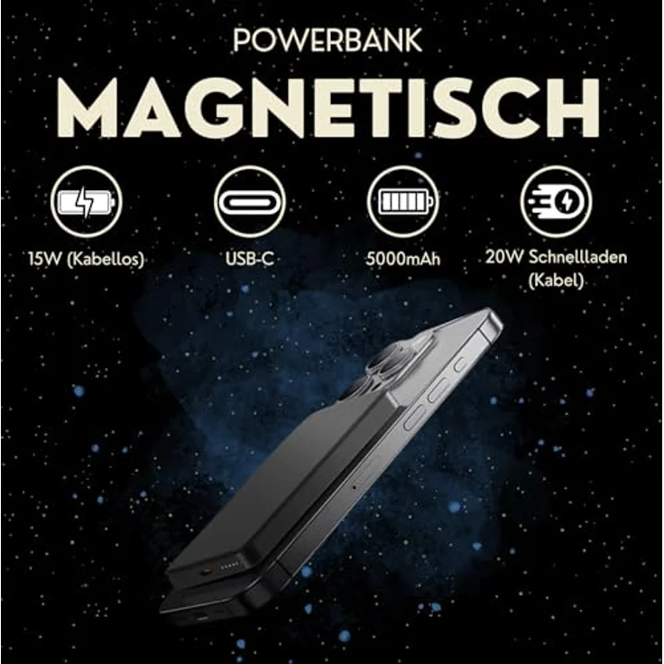 S&T Design Magnetisch Powerbank Magsafe kompatibel Kabellos Powerbank Externer Akku PB 10000 mAh, für iPhone Grau Wireless LED Anzeige Schnellladefunktion – Bild 2
