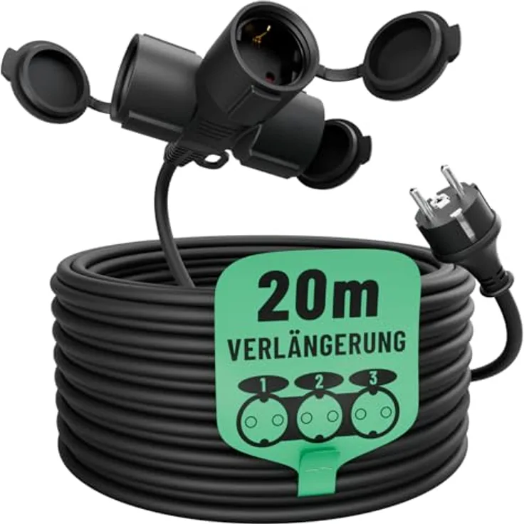 greate 3fach Verlängerungskabel außen 20 Meter - IP44 wasserdicht - 3500 W, Outdoor Extension Cord Waterproof, schwarz