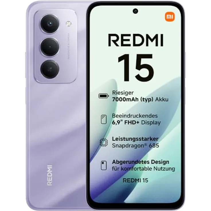 XIAOMI Redmi 15, Smartphone 8+256 GB mit Snapdragon 685, 50MP KI-Dualkamera, 6,9" FHD+ 144Hz DotDisplay, 7000mAh Akku, Sandy Purple