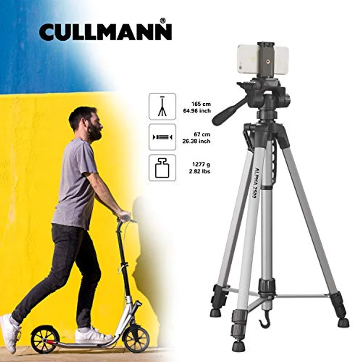 Cullmann ALPHA 2500 Stativ mobile mit Smartphonehalter (165cm Höhe, Gewicht 1258g, Tragfähigkeit 2, 5 kg, Packmaß 67cm, 3-Wege-Kopf), schwarz – Bild 6