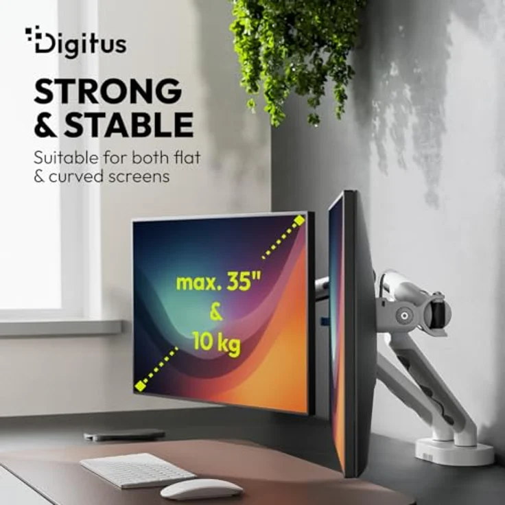 DIGITUS Dual Monitor Halterung für zwei Monitore bis 35 Zoll, mechanische Feder mit 10 kg Traglast, für Flach- und Curved-Bildschirme, VESA 75x75/100x100, Tischklemme, Design Serie, Weiß – Bild 4