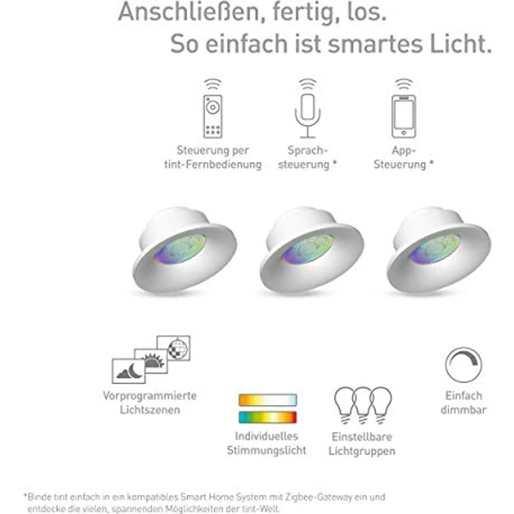 tint 3er-Set Smarte LED Spotlights – Steuerbar per Alexa oder Fernbedienung – Einbauleuchten mit weißem (1800-6500 K) und farbigem Licht RGB – Ø 76 mm Bohrloch, 100 mm Einbauhöhe – Bild 2