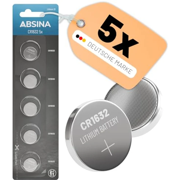 ABSINA CR1632 3V Lithium Knopfzelle, 5er Pack, auslaufsicher, lange Haltbarkeit, ideal für Autoschlüssel, Uhren, medizinische Geräte und mehr – Bild 1