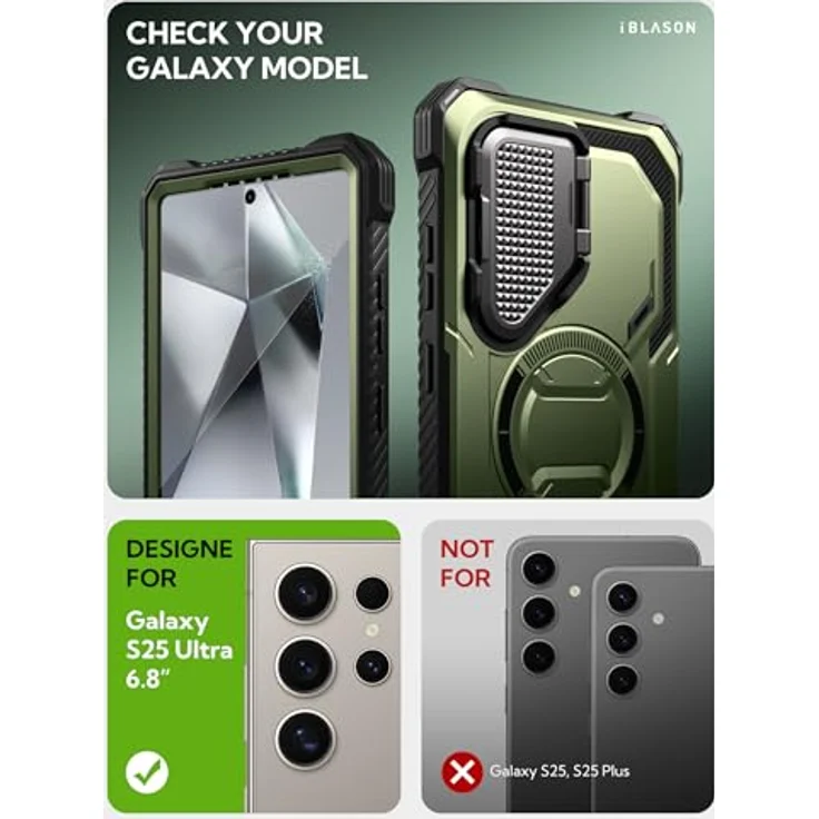 i-Blason Armorbox für Samsung Galaxy S25 Ultra, MagSafe Hülle mit Kameraschutz, 360° robustem Displayschutz und integriertem Ständer, Grün – Bild 2