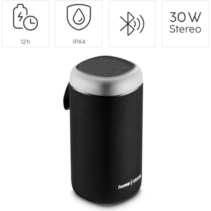 Hama Bluetooth Lautsprecher, 30W (wasserfest IPX4, LED Lichteffekte, 12 Stunden Akkulaufzeit, Bluetooth Lautsprecher klein, Musikbox Bluetooth, Partybox Bluetooth, Bluetooth Speaker) schwarz – Bild 2