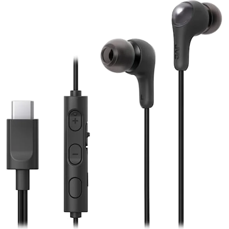 JVC HA-FR9UC-B - USB Typ-C kabelgebundener Kopfhörer mit kraftvollem und kristallklarem Klang, praktischem Mikrofon und 3-Tasten-Fernbedienung in äußerst kompakter Bauform (Schwarz) – Bild 1