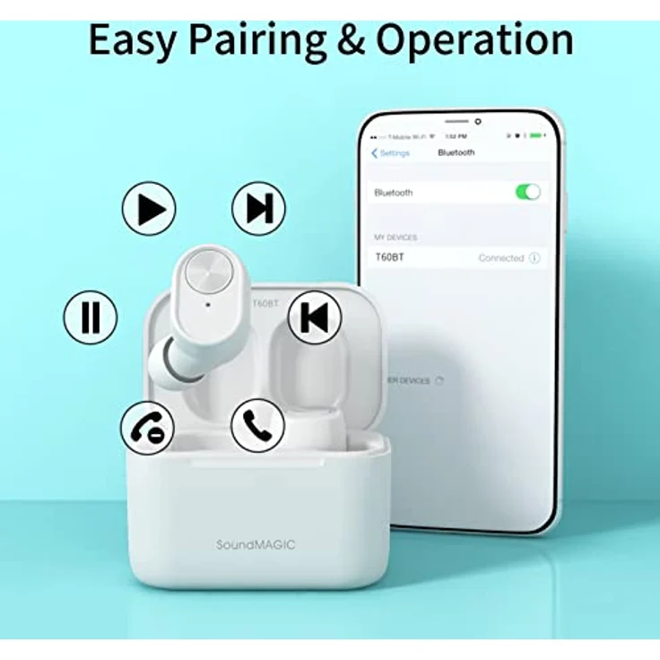 SoundMAGIC T60BT True Wireless Ohrhörer in Ear Bluetooth Kopfhörer mit Mikrofon HiFi Stereo Sport Ohrhörer Wasserdicht Weiß – Bild 5