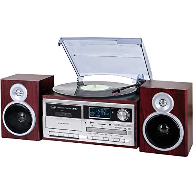 Trevi TT 1072 DAB Bluetooth-Stereo-Plattenspieler mit digitalem DAB/DAB+-Empfänger, Encoding-Funktion, MP3-Player, CD, USB, AUX-In, SD, Kassetten, Holz – Bild 1