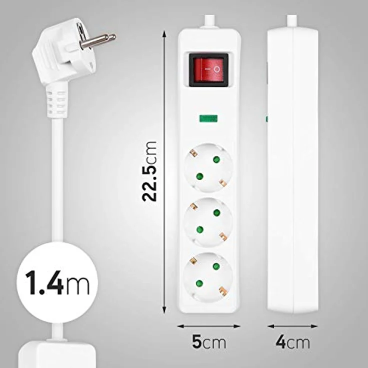 HEITECH 3 fach Steckdosenleiste mit Überspannungsschutz - GS geprüfte Mehrfachsteckdose mit Schalter, 1,4 Meter Kabel, 4500A, 3680W - Steckerleiste Mehrfachstecker – Bild 2