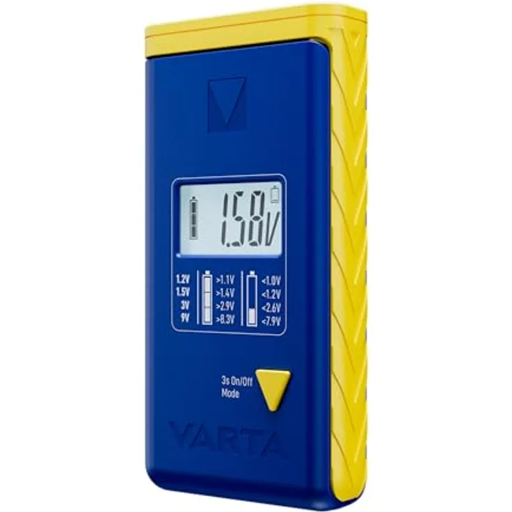 Varta LCD Battery Tester, geeignet für 9V, AA, AAA, C, D, Alkali, Lithium-Ion (Li-Ion), Nickel-Metallhydrid (NiMH), blau und gelb