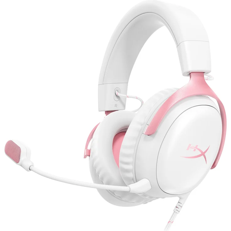 HyperX Cloud III, Gaming-Headset in Weiss/Rosa, kabelgebunden, 53 mm Treiber, Rauschunterdrückungs-Mikrofon, für PC, PS5, PS4, Xbox Series und One