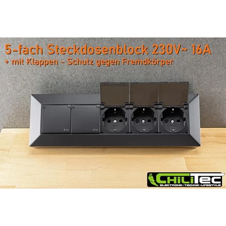 ChiliTec Steckdosenblock 5-Fach Mehrfachsteckdose, klappbar, 230V, erhöhte Sicherheit für Küche und Werkstatt, schwarz – Bild 4
