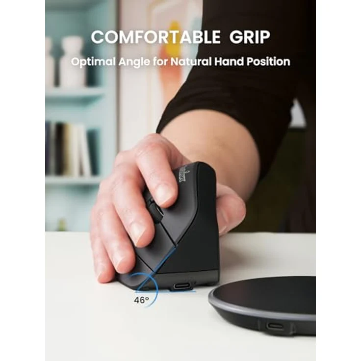 Perixx PERIMICE-715RX Kabellose Wiederaufladbare Vertikale Maus, Ergonomisches Design, Duale Ladefunktion (Kabel & Wireless), Inklusive Wireless-Ladegerät, Für Rechtshänder, Schwarz – Bild 2