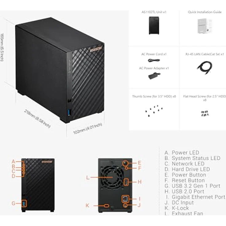 Asustor Drivestor 2 Lite AS1102TL, 2 Bay NAS Gehäuse Netzwerkspeicher, 1.7GHz Quad Core, 1GbE Port, 1GB RAM DDR4, Network Attached Storage für Cloud Speicher (Diskless) – Bild 5
