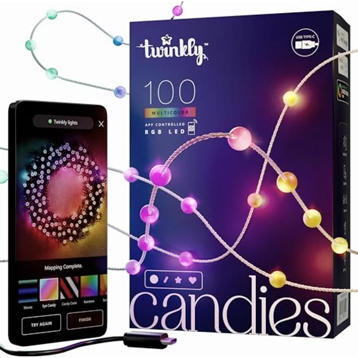 Twinkly Candies Perlenförmige Lichterkette mit 100 RGB LEDs. 6 Meter. Klarer Draht. App-gesteuert. USB-C-gespeist. Indoor Smart Home Beleuchtung Dekoration - Preisvergleich – Bild 1