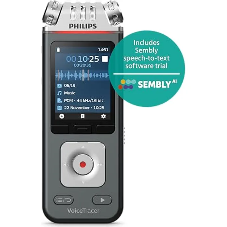 Philips DVT6115 VoiceTracer Enregistreur audioavec logiciel de reconnaissance vocale dans le cloud Sembly, 3 microphones haute fi délité, enregistrement de 24 bits/96 kHz