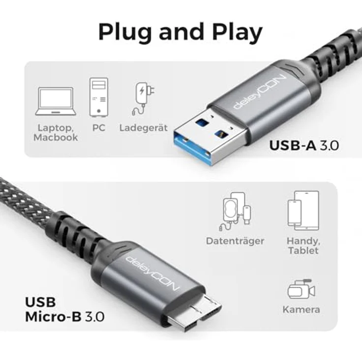deleyCON 3,0m USB 3.0 Micro B Kabel 5Gbps - USB A auf Micro B Stecker - Datenkabel für externe Festplatten und Geräte - robustes Nylonkabel mit optimalem Knickschutz – Bild 5