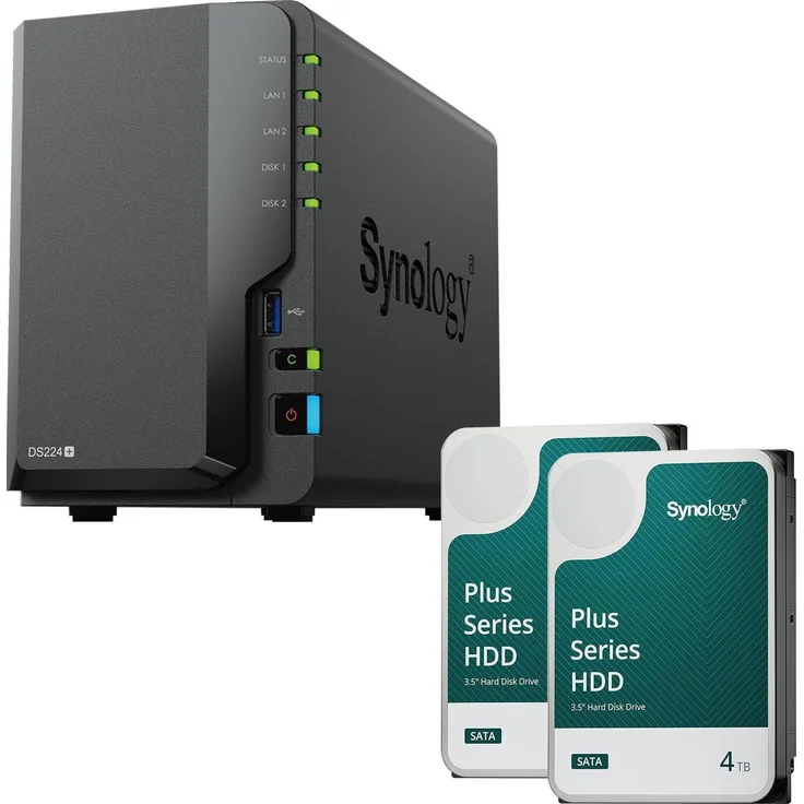 Synology DiskStation DS224+, 2 Einschübe NAS-Server Leergehäuse mit 16TB (2x8TB) Speicherkapazität, Gigabit Ethernet, USB-A Anschlüsse