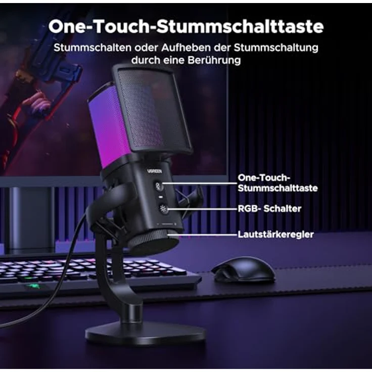 UGREEN Gaming Mikrofon USB, 96kHz/24bit mit DSP-Rauschunterdrückung, RGB-Beleuchtung, Plug and Play für PC, Laptop, Streaming und Podcasting – Bild 5